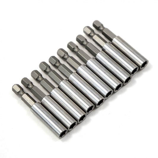 Ten .25in hex shank magnetic bit extension holders in silver finish, arranged on a flat surface.