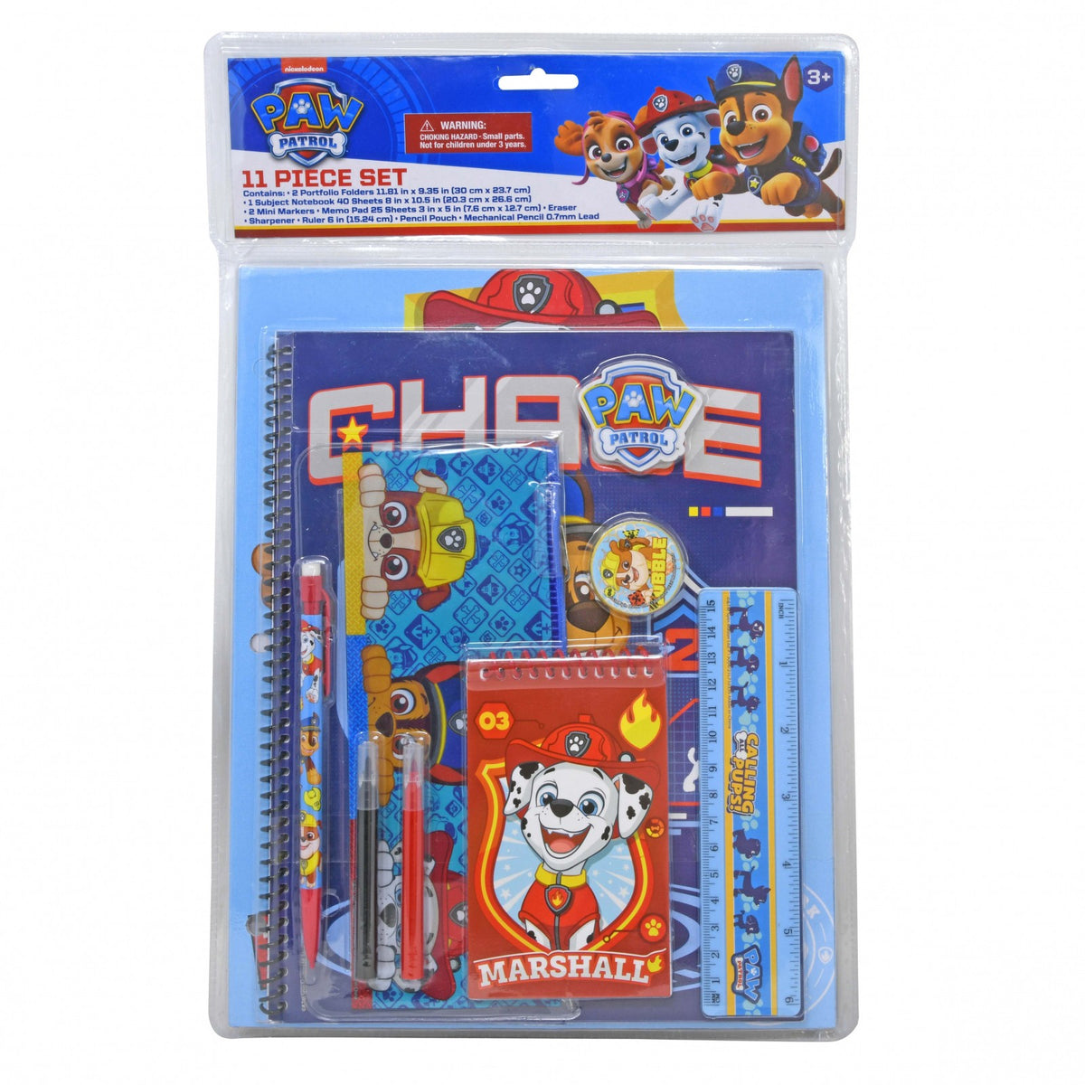 Nickelodeon Paw Patrol stationery set with pens, pencils, paper, and character-themed packaging.
