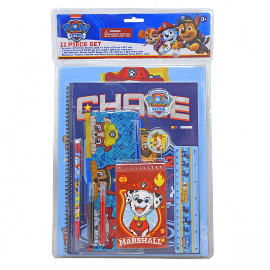 Nickelodeon Paw Patrol stationery set with pens, pencils, paper, and character-themed packaging.