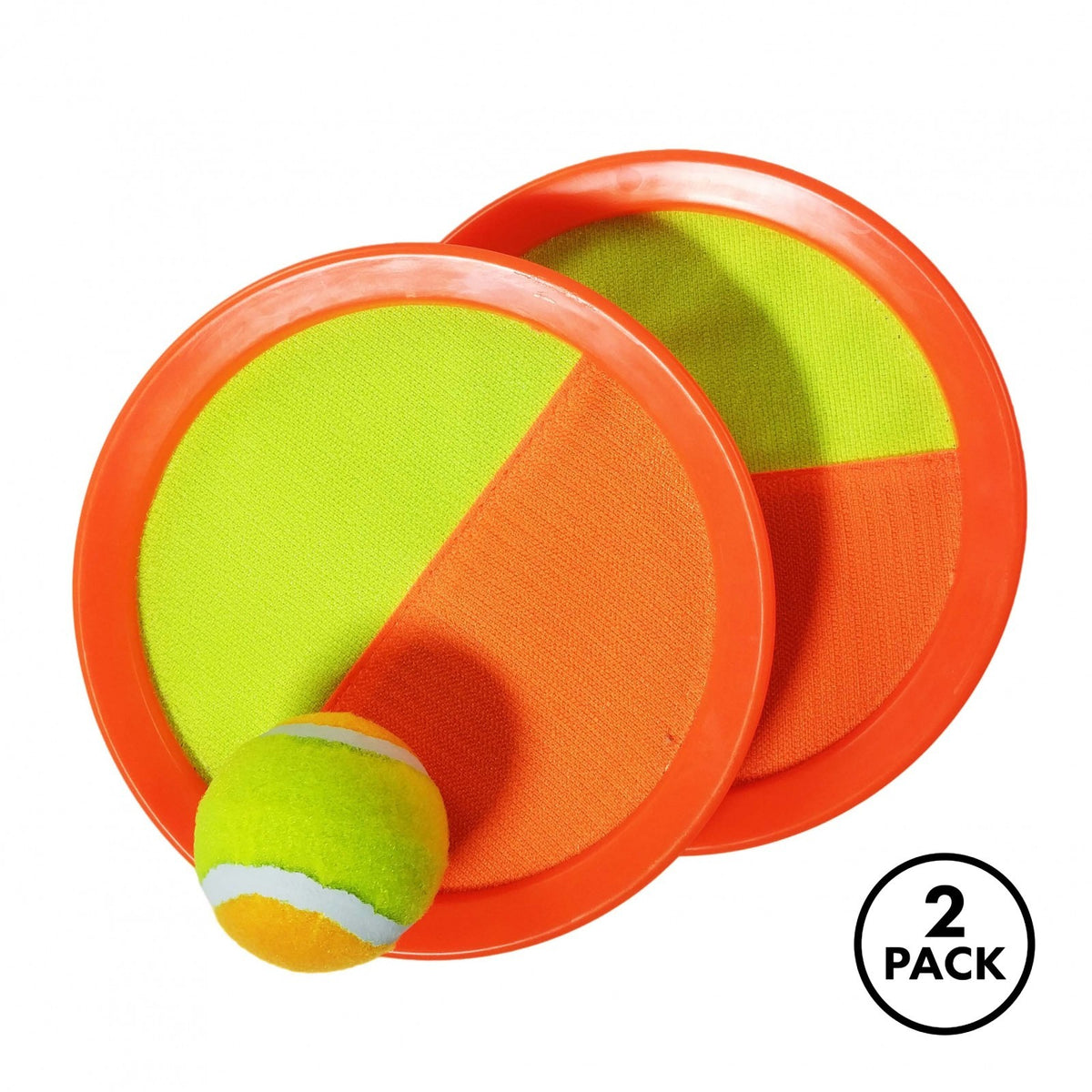 Two orange self stick paddle sets with balls for toss and catch game.