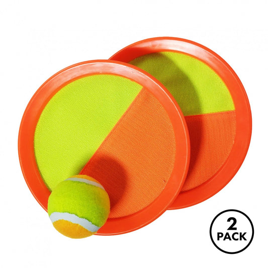 Two orange self stick paddle sets with balls for toss and catch game.