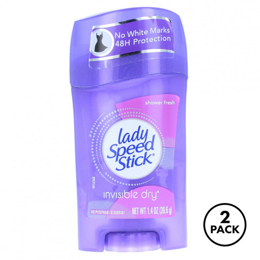 Two Lady Speed Stick deodorant sticks, 1.4 ounce Shower Fresh scent, with blue and white packaging.