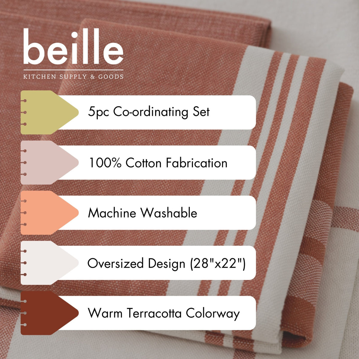 Beille 5pc 100% Cotton Oversized Dish Towel Set Kitchen Accessories (4 Colors)