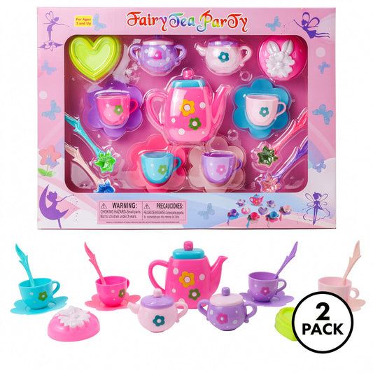 Kidplokio Pink Fairytale Tea Party Playset, two packs, 17 pieces each, pink color, for girls age 3 and up