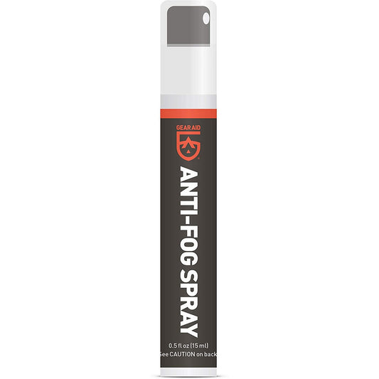Small clear bottle of GEAR AID Anti-Fog Spray labeled for goggles, masks, and eyewear, 0.5 fl oz.