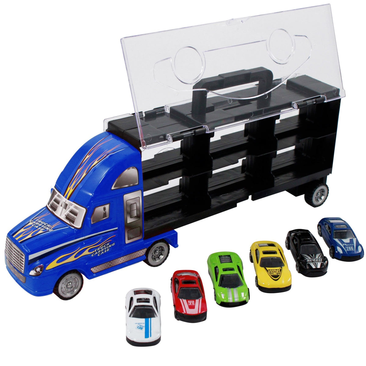 Semi Truck Transporter Trailer Race Car Auto Hauler Carrier Play Set - Blue, view 6