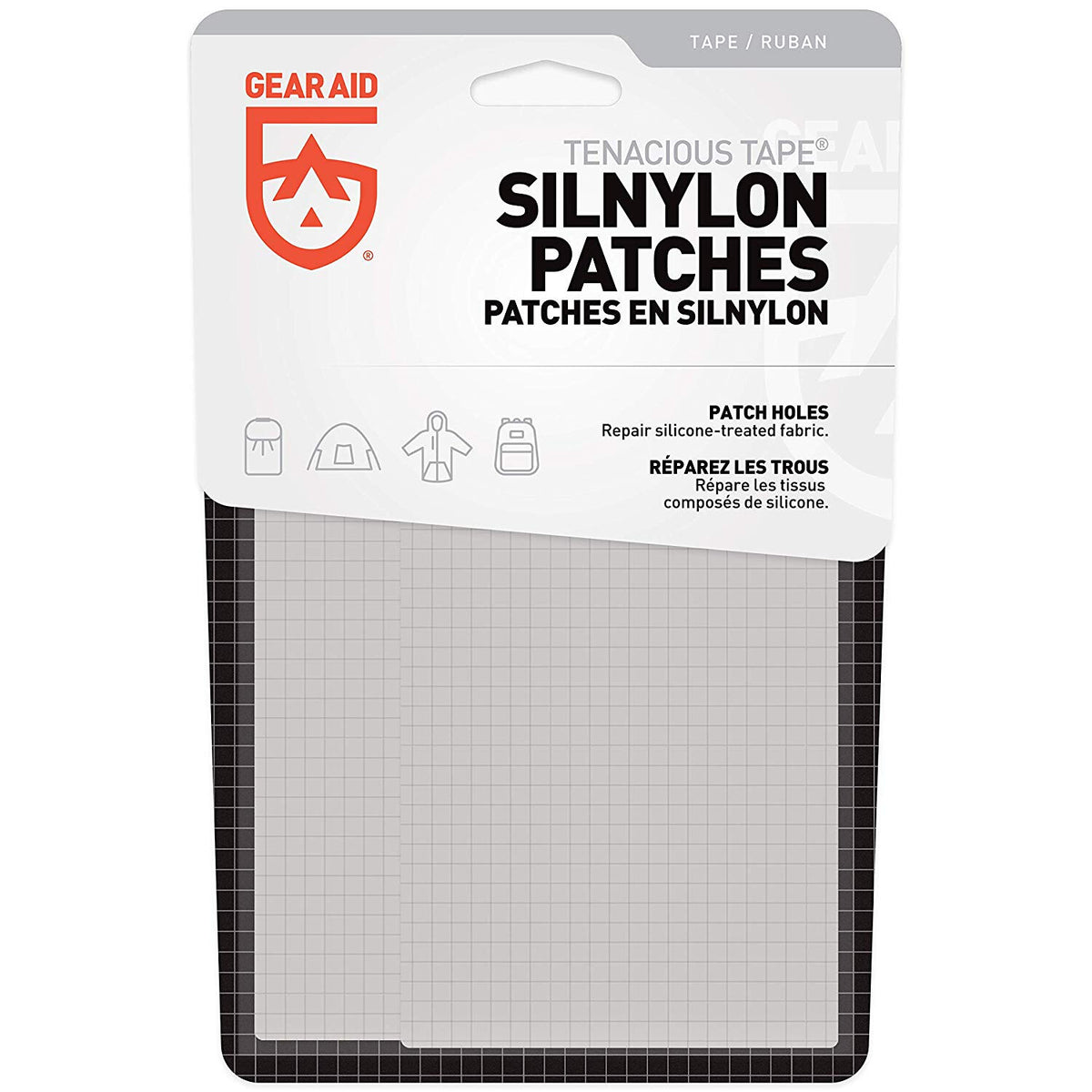 GEAR AID Silnylon repair patches for tents or tarps, shown in packaging