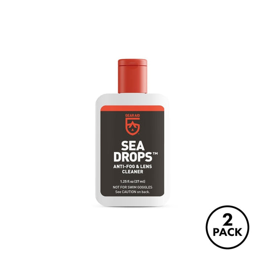 Two 1.25 oz bottles of Sea Drops anti-fog lens cleaner for diving masks in white.