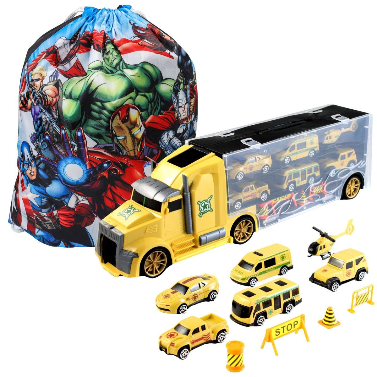 12 piece Kidplokio army semi truck toy set with superhero cinch bag for boys 3+.