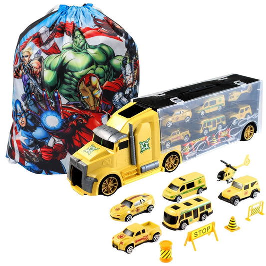 12 piece Kidplokio army semi truck toy set with superhero cinch bag for boys 3+.