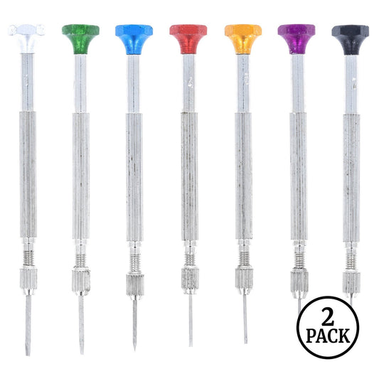Two 7 piece precision screwdriver sets for jewelry or eyeglass repairs, flat tip screwdrivers displayed.