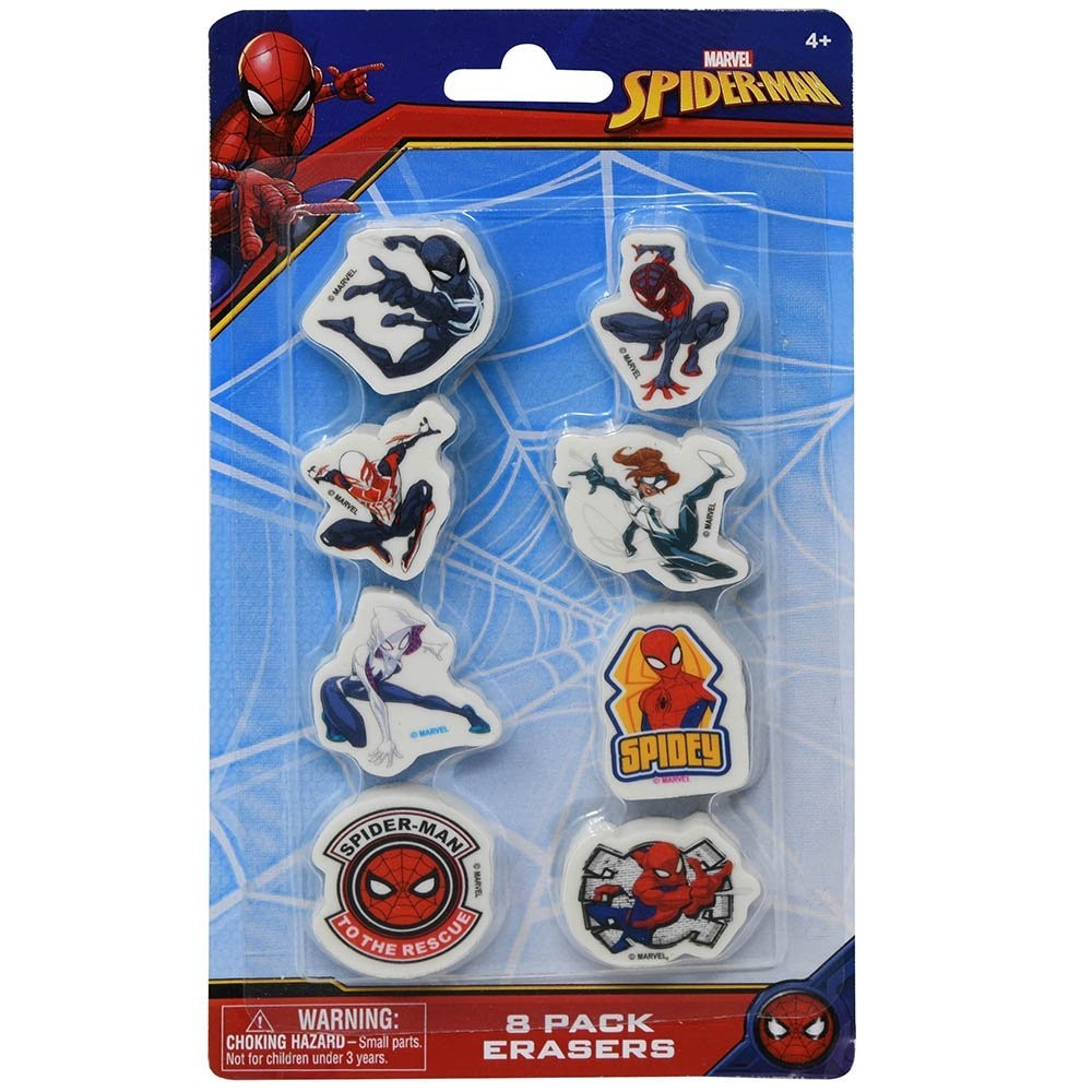 Marvel Spiderman themed pack of eight erasers, each with Spiderman graphics