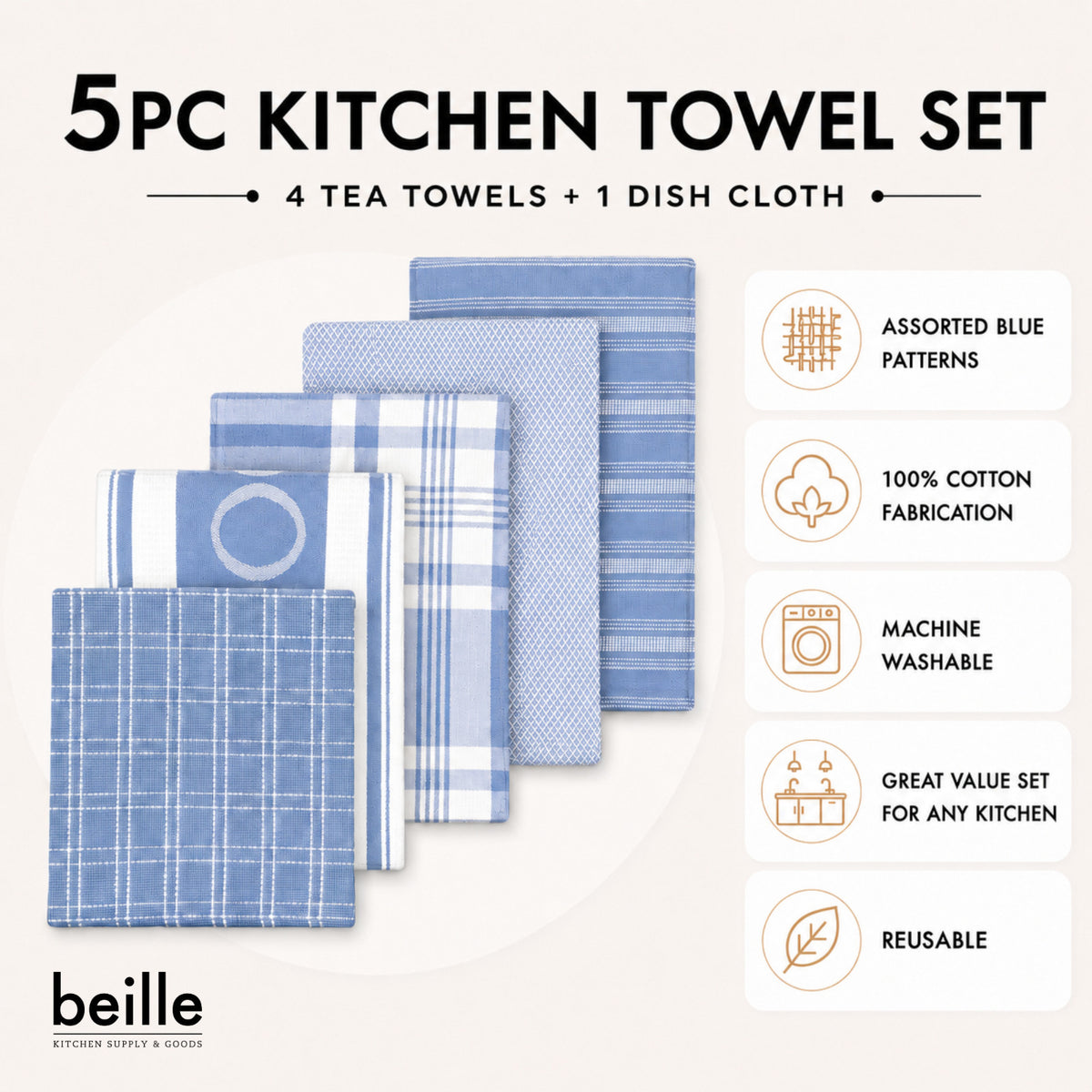 2 Pack Beille 100% Cotton Kitchen Dish Cloth & Tea Towels Machine Washable 5pk