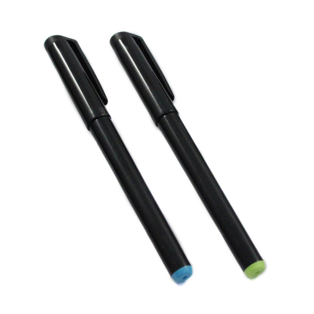 Set of two UV spy pens in green and blue, shown side by side.