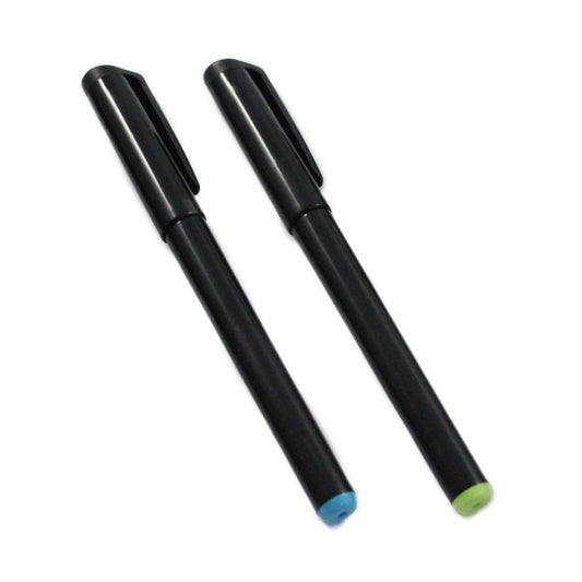 Set of two UV spy pens in green and blue, shown side by side.
