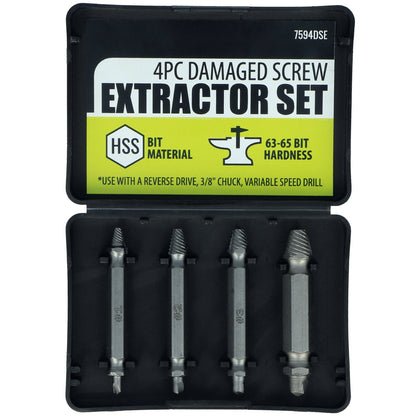 four-piece damaged screw extractor set in assorted sizes