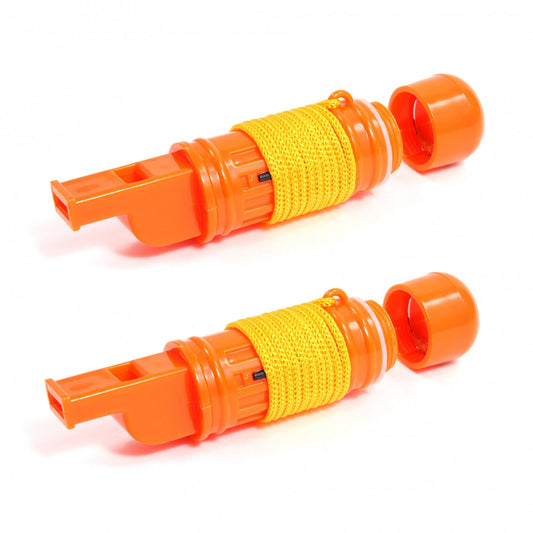 Two orange multifunction survival whistles side by side