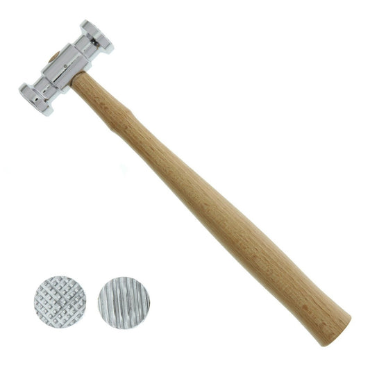 Dual face jewelry hammer with wooden handle, 16oz head, 10.25 inches long, shown on neutral background.
