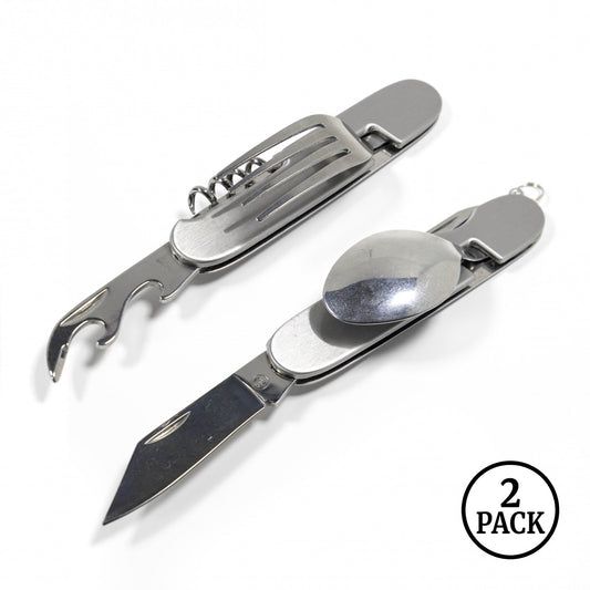 Two heavy duty camping utensil multi tools with visible components for outdoor or emergency use.