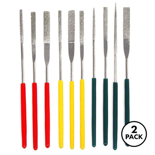 Multiple tapered diamond files arranged in a set, assorted grits visible by file texture differences.