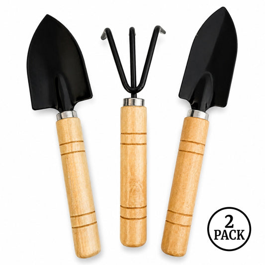 Two sets of three mini garden tools, each with hand trowels and a cultivator, each tool about 7 inches long.