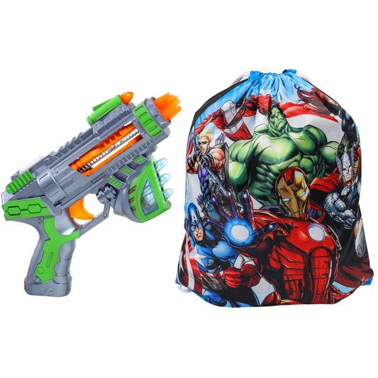 Kidplokio green blaster and blue superhero cinch bag side by side for boys ages 3 and up.