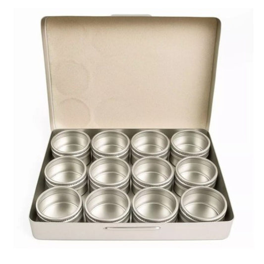 Set of 12 small aluminum storage containers with clear glass lids, each 1.25 inch in diameter