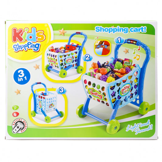 Blue jumbo shopping cart pretend playset with play food for kids ages 3 and up