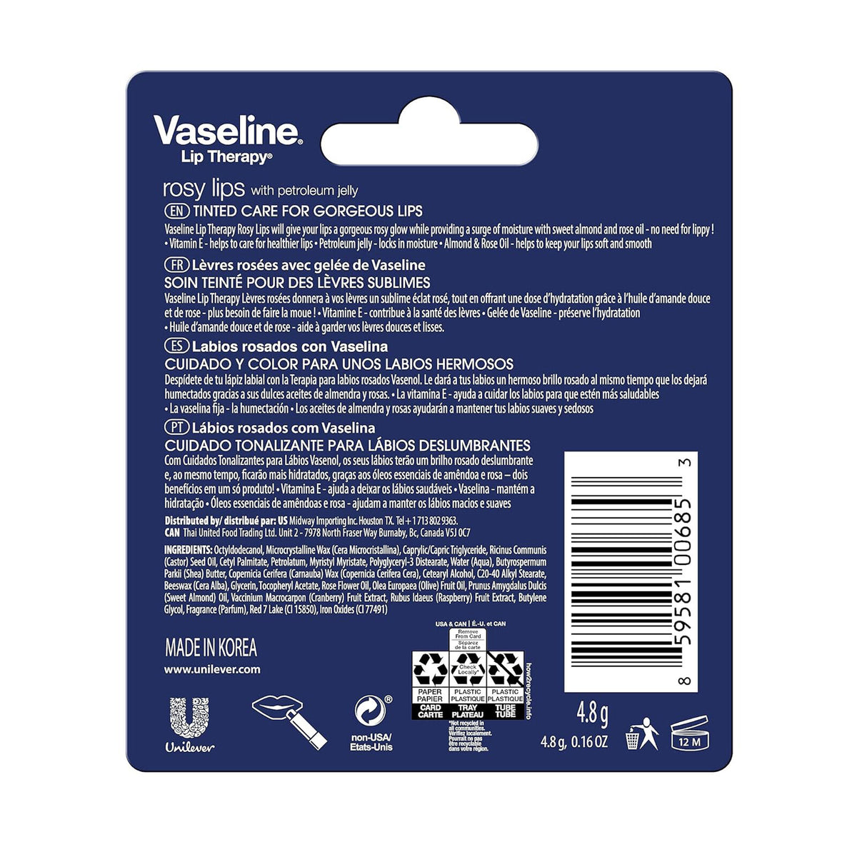 Vaseline Lip Therapy Rosy Lips .16oz Pink Tinted Lip Balm Pure Petroleum Jelly, view 7