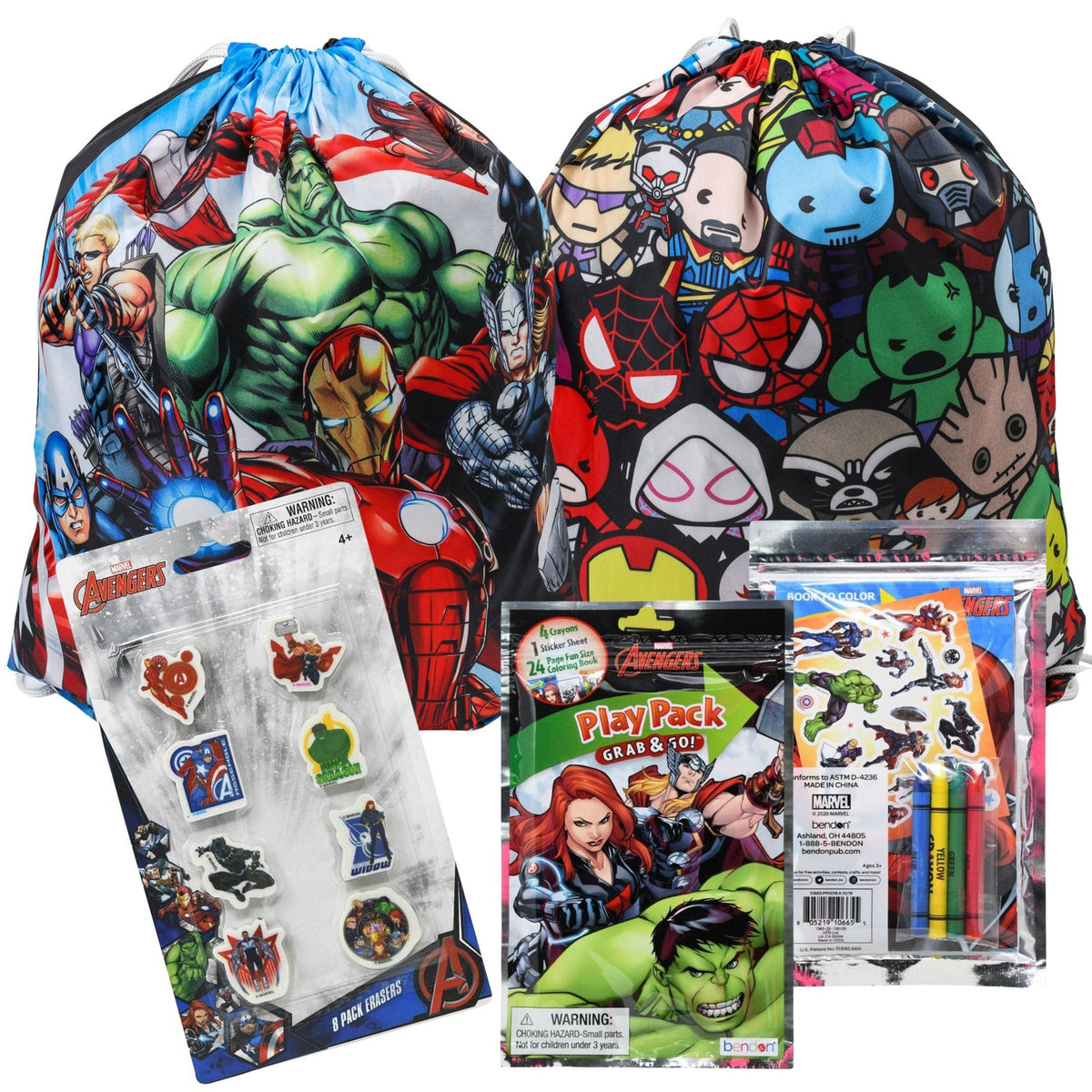 Marvel Avengers-themed cinch bags, erasers, play pack contents arranged together in set form.