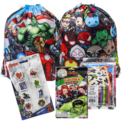 Marvel Avengers-themed cinch bags, erasers, play pack contents arranged together in set form.
