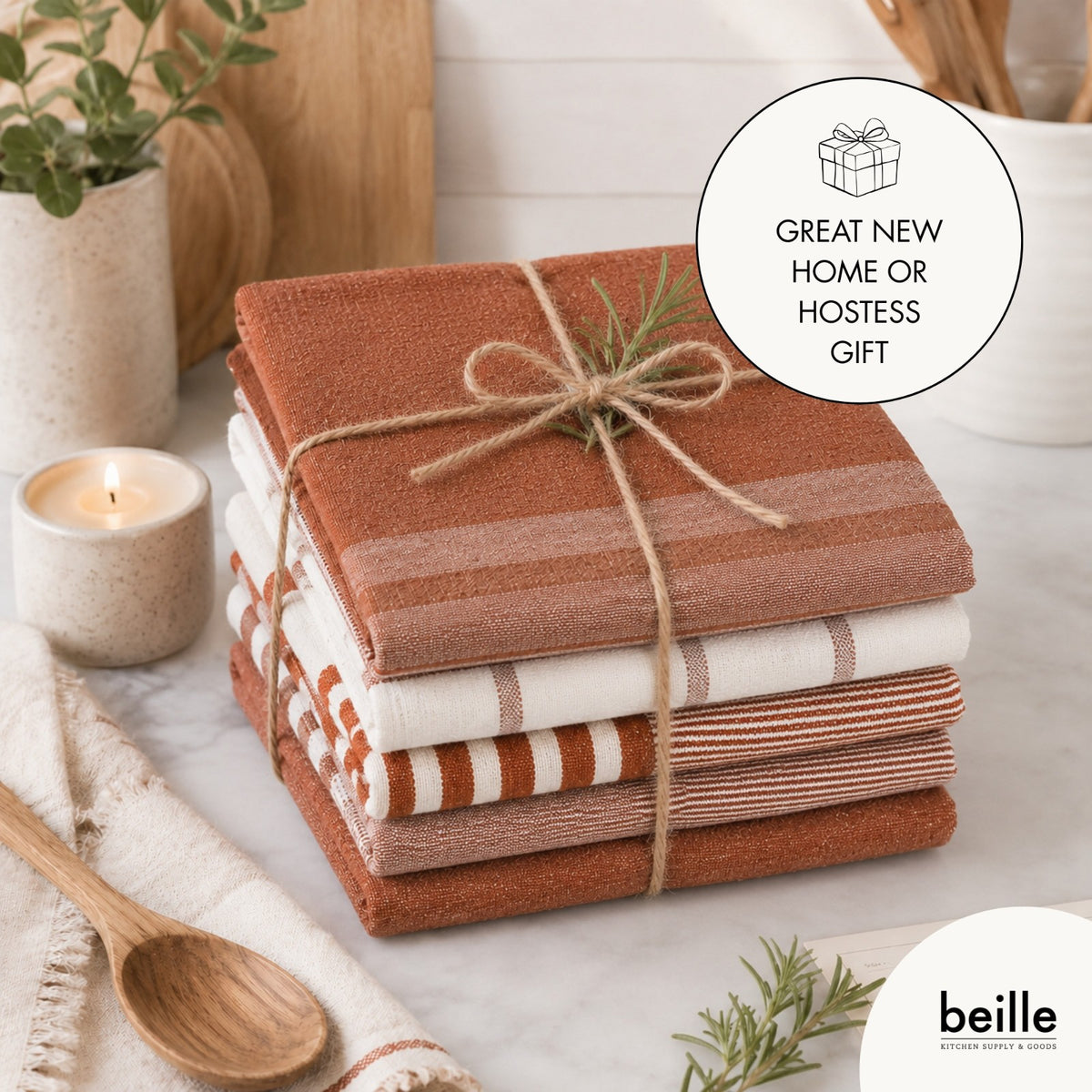 Beille 5pc 100% Cotton Oversized Dish Towel Set Kitchen Accessories (4 Colors)