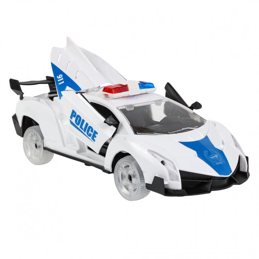 Kidplokio bump and go fire truck and police car toys shown side by side.