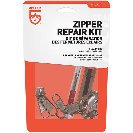 Gear Aid zipper repair kit contents laid out for camping gear