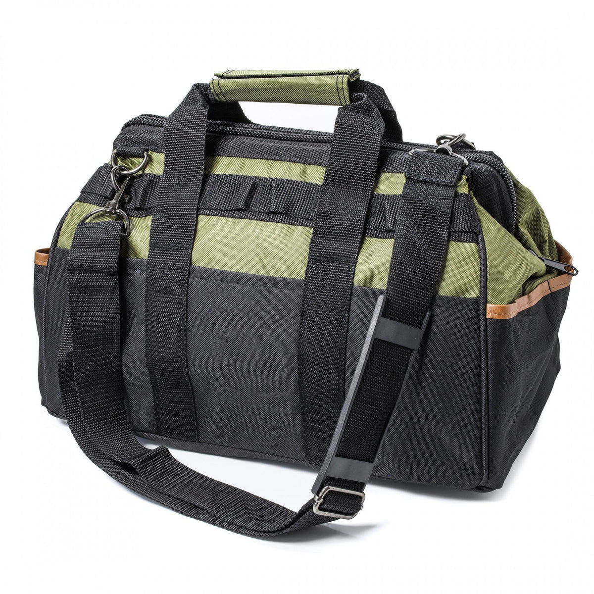nylon storage tool bag with side pockets and shoulder strap in black, 18 x 8.5 inches