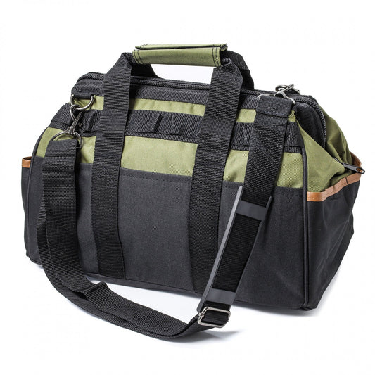 nylon storage tool bag with side pockets and shoulder strap in black, 18 x 8.5 inches