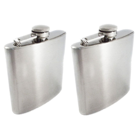 Two 8oz stainless steel hip flasks with chrome finish side by side