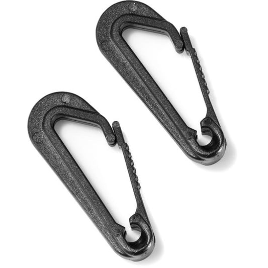 Black plastic snap hook suitable for camping and hiking webbing strap attachment