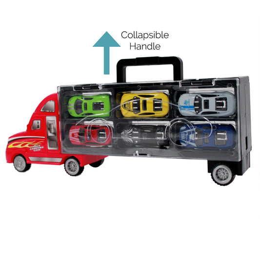 Kidplokio 7pc Red Semi Truck Toy Car Carrier Diecast Playset for Boys 3 and Up, view 2