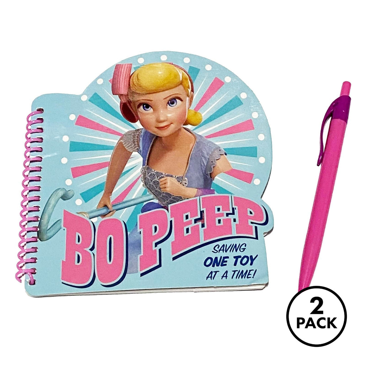 Set of two Toy Story 4 Bo Peep-shaped spiral notebooks, each with a pink pen, for kids.