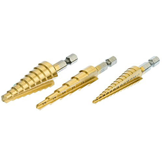 Three high speed steel step drill bits with locking hex shanks