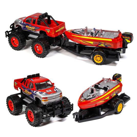 Kidplokio off road monster truck toy with attached boat trailer hitch, designed for boys' playtime.