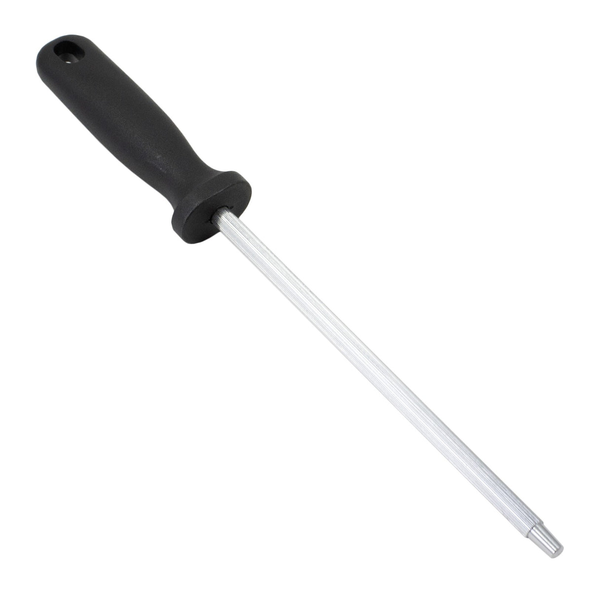 12-inch T13 steel rod knife sharpener with ergonomic handle, shown on a plain surface.
