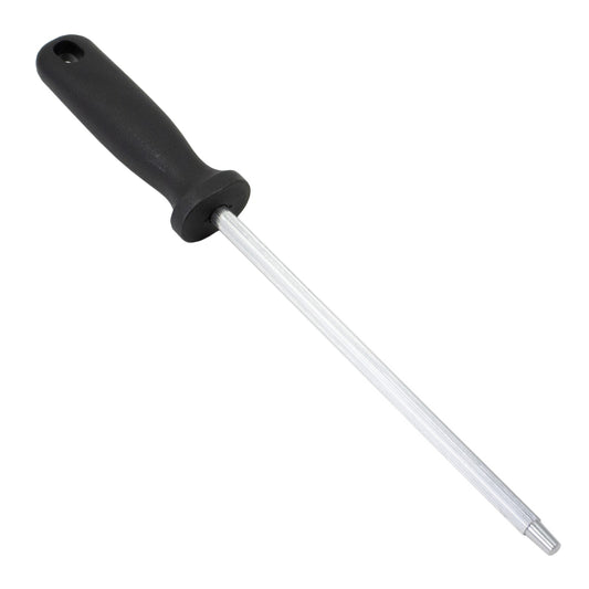 12-inch T13 steel rod knife sharpener with ergonomic handle, shown on a plain surface.