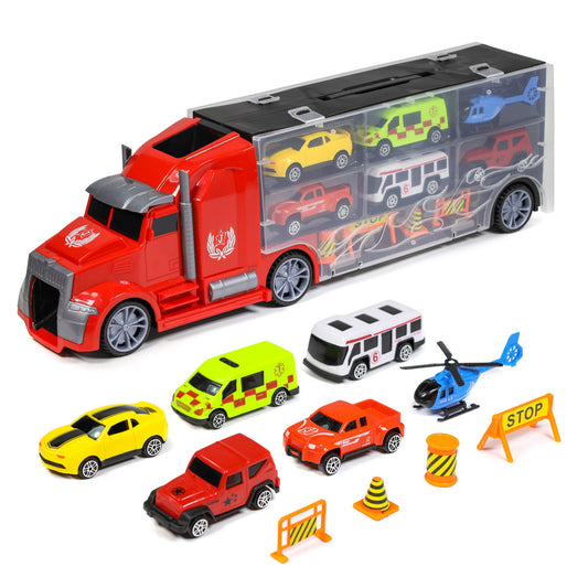 Diecast 1:24 scale car carrier truck with multiple toy race cars, 11-piece set from Kidplokio