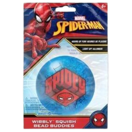 3 inch Marvel Spiderman Wibbly Squish Bead Buddies fidget toy ball with Spiderman design.