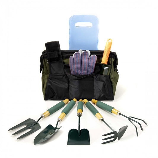 ToolTreaux garden tools set with fork, hoe, rake, shovel, spade digger, and gloves 9pc