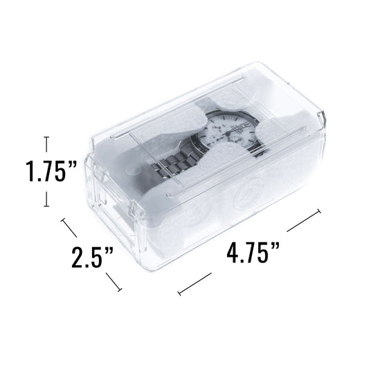 Transparent plastic watch case coffin used for organizing jewelry or small essentials.