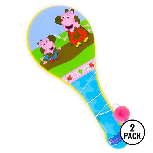 Two Peppa Pig paddle ball sets for kids with colorful paddles and attached rubber balls.