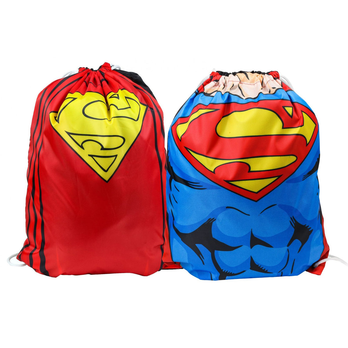 Two DC Comics Superman drawstring cinch bags with logo and character graphics